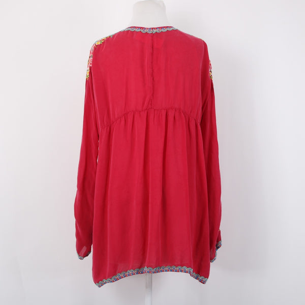 Johnny Was Sz L Deep Pink Floral Lotus Embroidered Empire Waist Rayon Blend Top