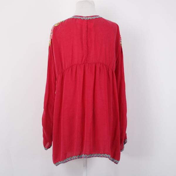 Johnny Was Sz L Deep Pink Floral Lotus Embroidered Empire Waist Rayon Blend Top
