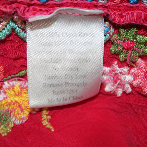 Johnny Was Sz L Deep Pink Floral Lotus Embroidered Empire Waist Rayon Blend Top