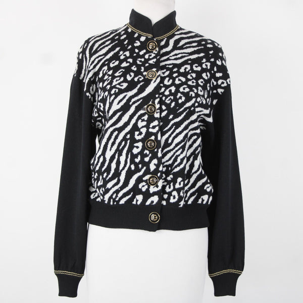 St John Collection Sz P Black White Animal Print Collared Santana Knit Jacket