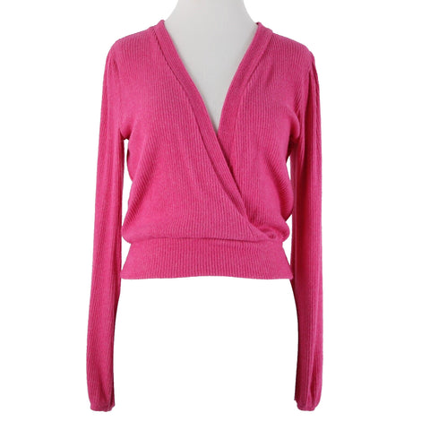 Amadi Sz XS Pink V Neck Ribbed Crop Long Sleeve Rayon Polyester Spandex Top