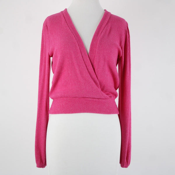 Amadi Sz XS Pink V Neck Ribbed Crop Long Sleeve Rayon Polyester Spandex Top