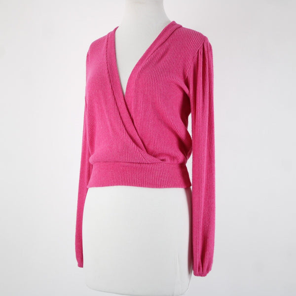 Amadi Sz XS Pink V Neck Ribbed Crop Long Sleeve Rayon Polyester Spandex Top
