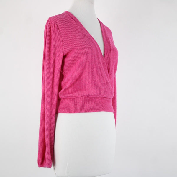 Amadi Sz XS Pink V Neck Ribbed Crop Long Sleeve Rayon Polyester Spandex Top