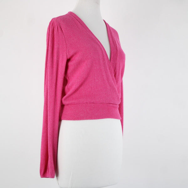 Amadi Sz XS Pink V Neck Ribbed Crop Long Sleeve Rayon Polyester Spandex Top