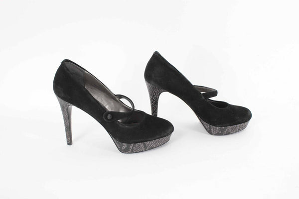 Audrey Brooke Sz 5.5 Black Gray High Heel Platform Snake Suede 4.25" Heels