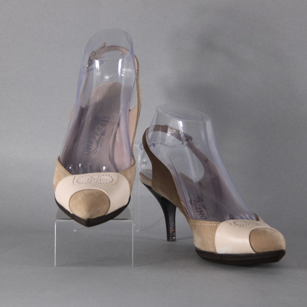 Ferragamo Heels Sz 7.5 Tan Brown Pointed Toe Suede Leather 2" As Is Heel