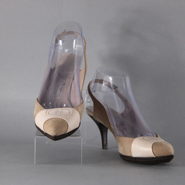 Ferragamo Heels Sz 7.5 Tan Brown Pointed Toe Suede Leather 2" As Is Heel