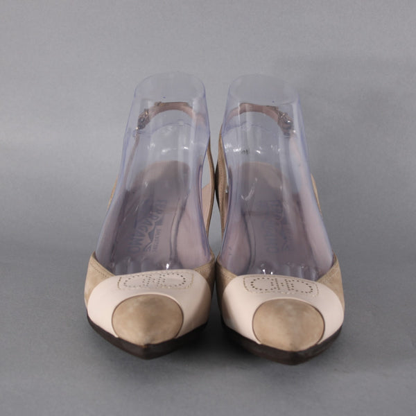 Ferragamo Heels Sz 7.5 Tan Brown Pointed Toe Suede Leather 2" As Is Heel