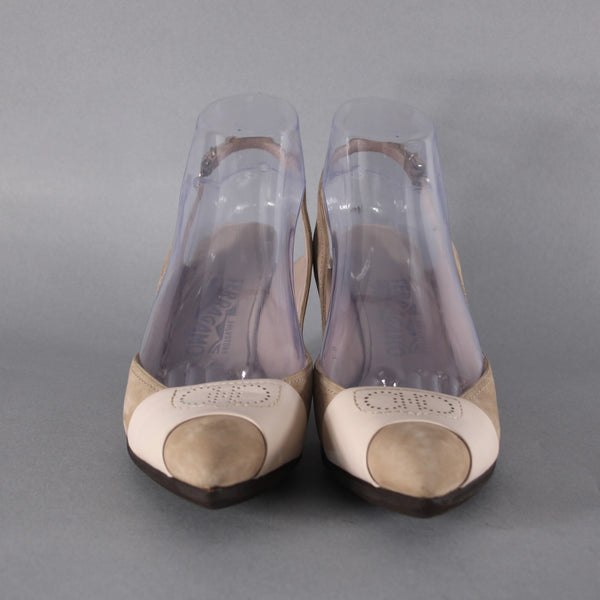 Ferragamo Heels Sz 7.5 Tan Brown Pointed Toe Suede Leather 2" As Is Heel