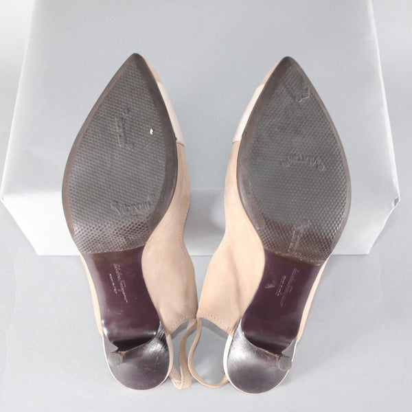 Ferragamo Heels Sz 7.5 Tan Brown Pointed Toe Suede Leather 2" As Is Heel