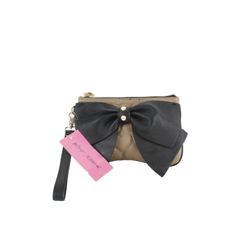 Betsey Johnson NEW $58 5.5 x 9 Brown Black Quilted Hearts Bow Zip Wristlet Purse