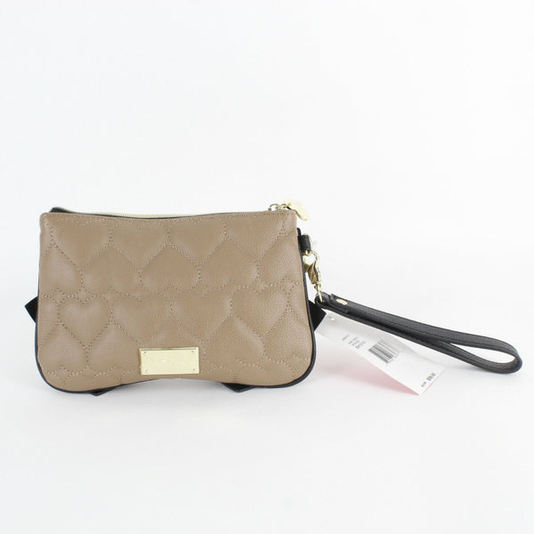 Betsey Johnson NEW $58 5.5 x 9 Brown Black Quilted Hearts Bow Zip Wristlet Purse