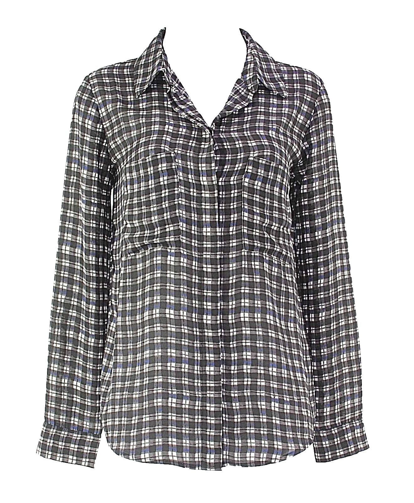 Lumiere Sz S Black Charcoal White Blue Plaid Button Front Sheer Polyester Top