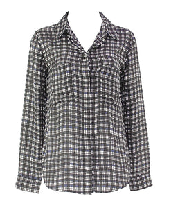 Lumiere Sz S Black Charcoal White Blue Plaid Button Front Sheer Polyester Top