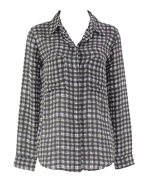 Lumiere Sz S Black Charcoal White Blue Plaid Button Front Sheer Polyester Top