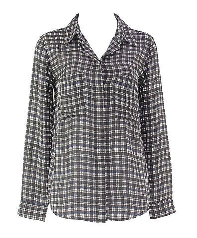 Lumiere Sz S Black Charcoal White Blue Plaid Button Front Sheer Polyester Top