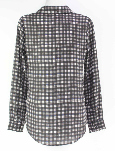 Lumiere Sz S Black Charcoal White Blue Plaid Button Front Sheer Polyester Top