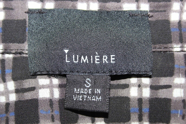 Lumiere Sz S Black Charcoal White Blue Plaid Button Front Sheer Polyester Top