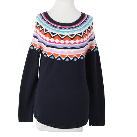 Talbots Sz S Navy Blue Multicolor Nordic Ski Style Cotton Acrylic Crew Sweater