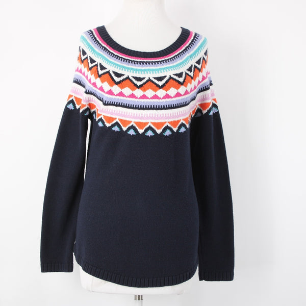 Talbots Sz S Navy Blue Multicolor Nordic Ski Style Cotton Acrylic Crew Sweater