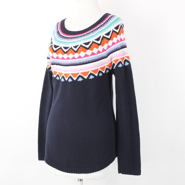 Talbots Sz S Navy Blue Multicolor Nordic Ski Style Cotton Acrylic Crew Sweater