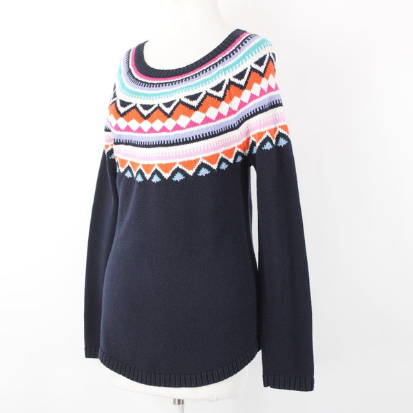 Talbots Sz S Navy Blue Multicolor Nordic Ski Style Cotton Acrylic Crew Sweater