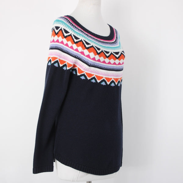 Talbots Sz S Navy Blue Multicolor Nordic Ski Style Cotton Acrylic Crew Sweater