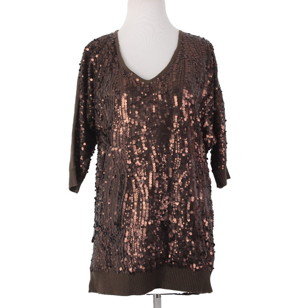 Joan Boyce Top Sz S Brown Sequin V Neck Half Sleeve 100% Acrylic Top