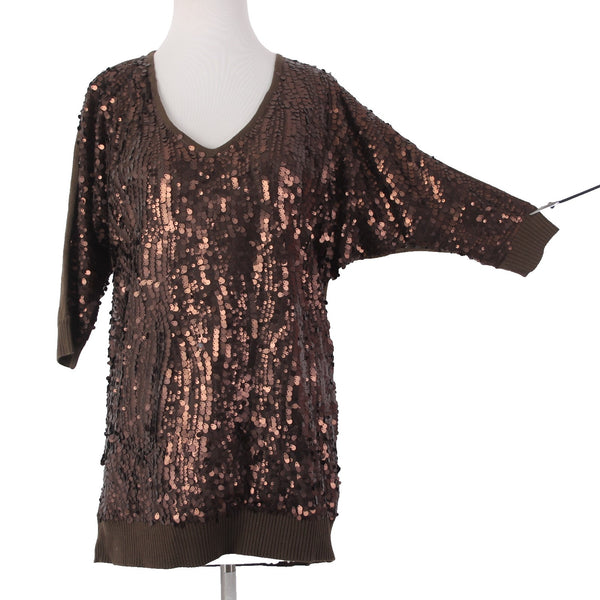 Joan Boyce Top Sz S Brown Sequin V Neck Half Sleeve 100% Acrylic Top