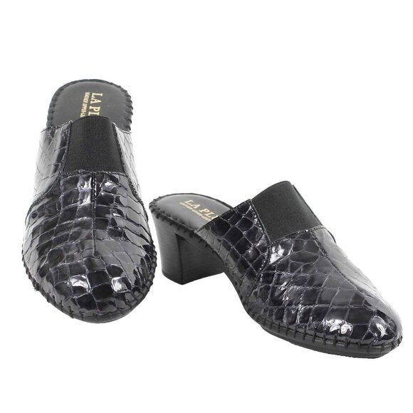 La Plume Sz 41 Black Reptile Embossed Mid Heel Patent Leather Mule Heels