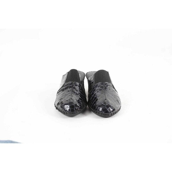 La Plume Sz 41 Black Reptile Embossed Mid Heel Patent Leather Mule Heels