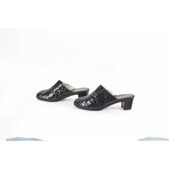 La Plume Sz 41 Black Reptile Embossed Mid Heel Patent Leather Mule Heels