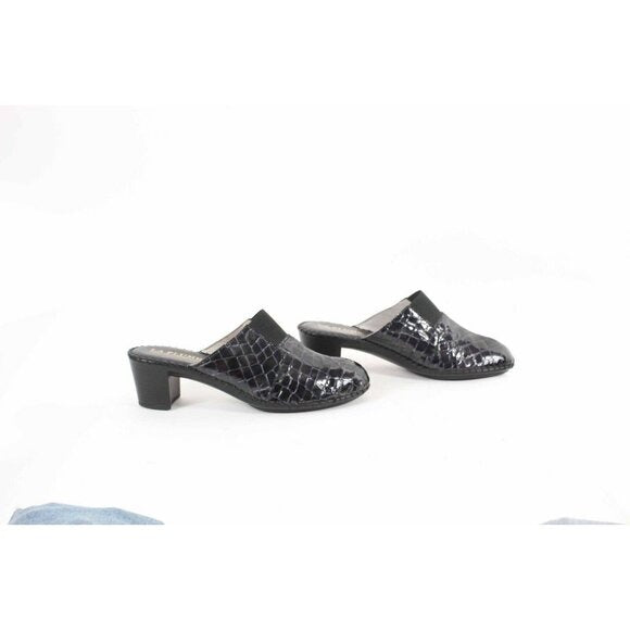 La Plume Sz 41 Black Reptile Embossed Mid Heel Patent Leather Mule Heels