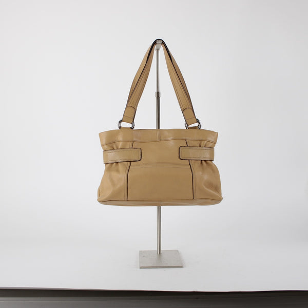 Tignanello 14 x 9 x 3 Tan Silver Hardware Double Handles Leather PVC Poly Purse