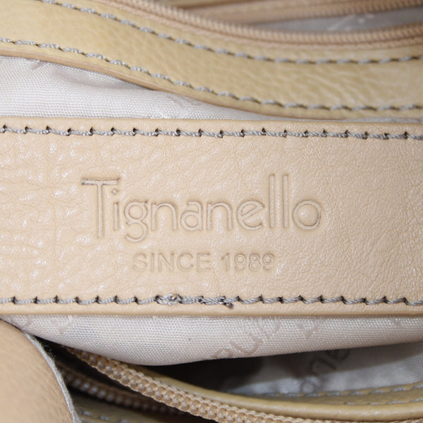 Tignanello 14 x 9 x 3 Tan Silver Hardware Double Handles Leather PVC Poly Purse
