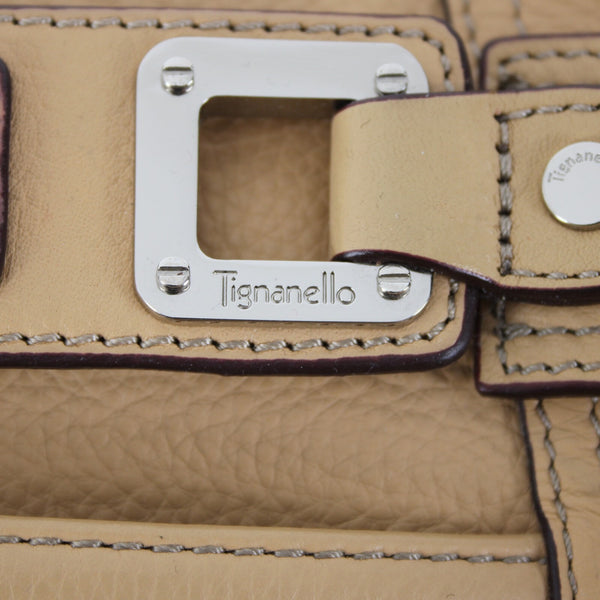 Tignanello 14 x 9 x 3 Tan Silver Hardware Double Handles Leather PVC Poly Purse