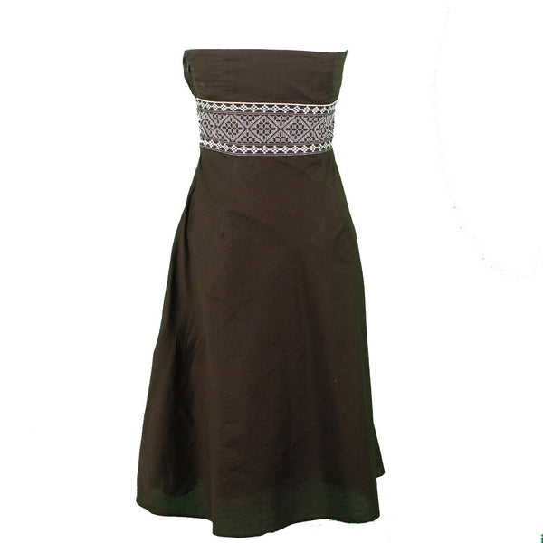 Loft NEW $55 Sz 2 Brown White Embroidery Strapless Lined 100% Cotton Woven Dress