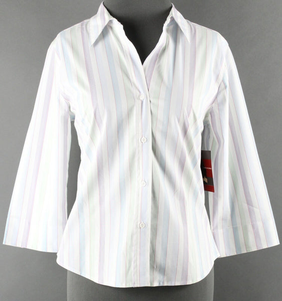 Gloria Vanderbilt NEW $34 Sz S White Mint Multi Stripe Cotton Blend Top