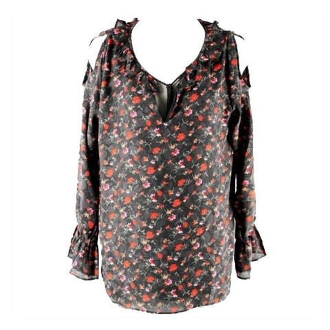 Suzanne Betro Sz S Black Red Multi Floral 100% Poly Sheer Cold Shoulder Top