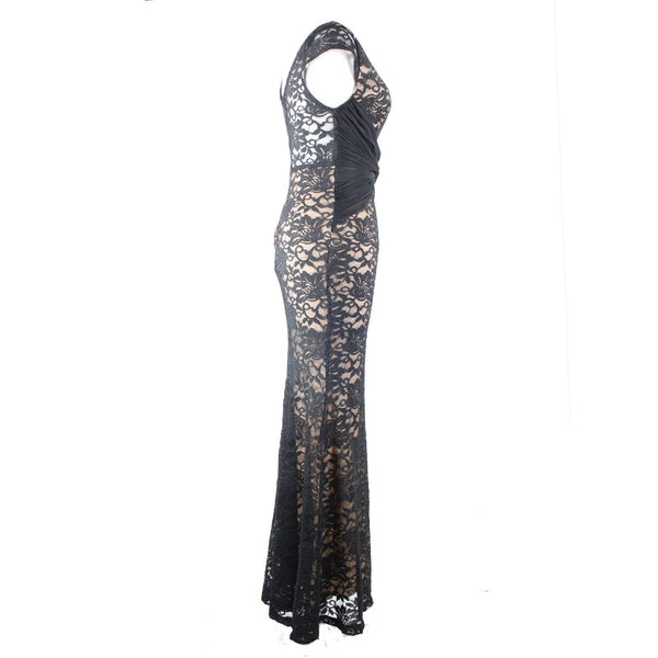 La Scala Sz 0? No Size Black Tan Lined Twist Waist No Fabric Label Bodycon Dress