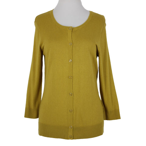7th Avenue Sz M Yellow Green Buttons Cotton Rayon Nylon Cardigan Sweater