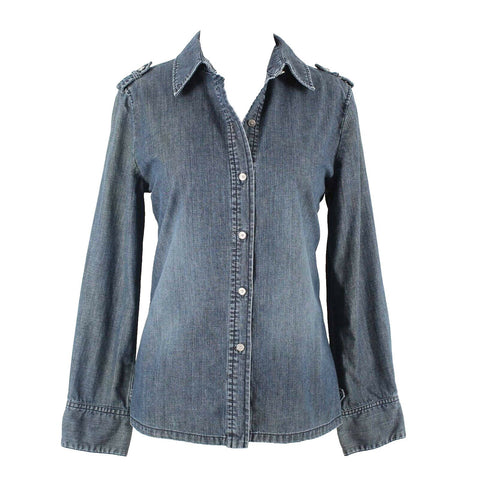 Chicos Sz 0 Blue Denim Rhinestone Button Front 100% Cotton Shirt Top