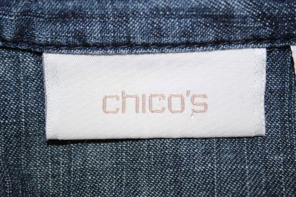 Chicos Sz 0 Blue Denim Rhinestone Button Front 100% Cotton Shirt Top