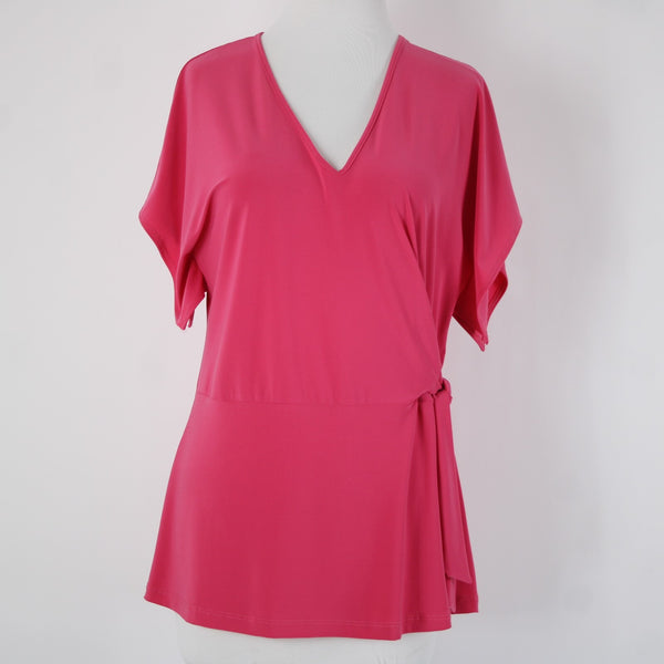 Clara Sun Woo Sz XS Pink V Neck Faux Wrap Short Sleeve Polyester Rayon Top
