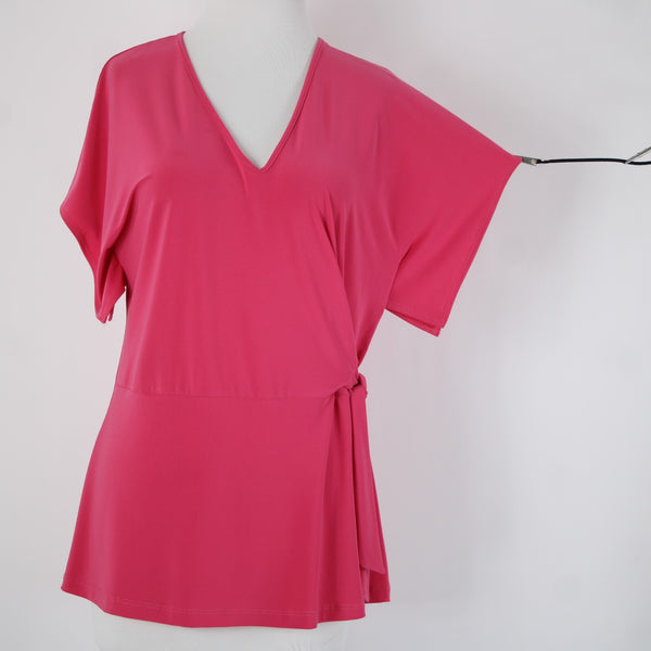 Clara Sun Woo Sz XS Pink V Neck Faux Wrap Short Sleeve Polyester Rayon Top