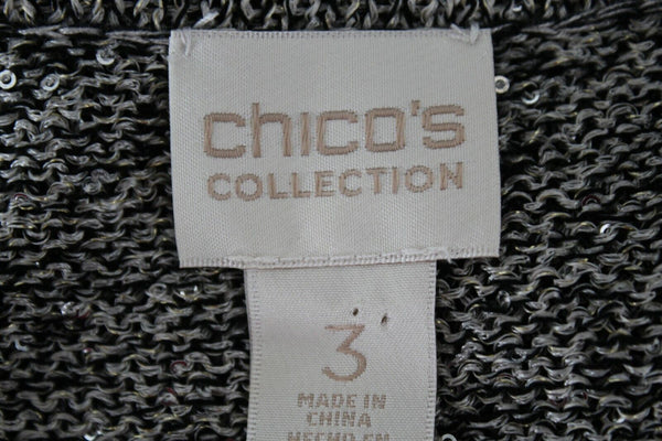 Chicos NEW $99 Sz 3 Taupe Black Multi Silver Sequin Poly Rayon Sweater 019Y