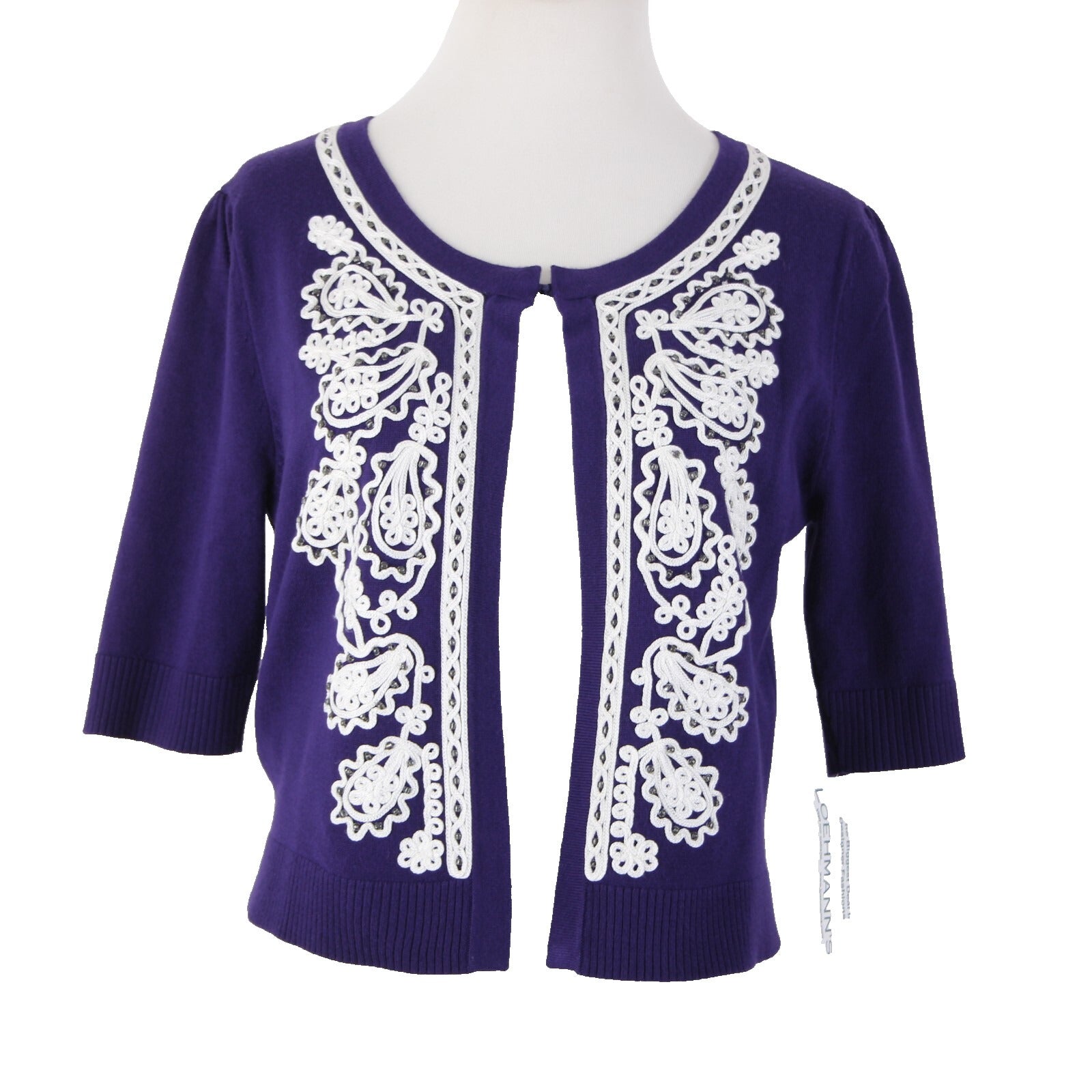 Chelsea Theodore NEW $35 Sz S Purple White Beaded Embrodiered Rayon Cardigan