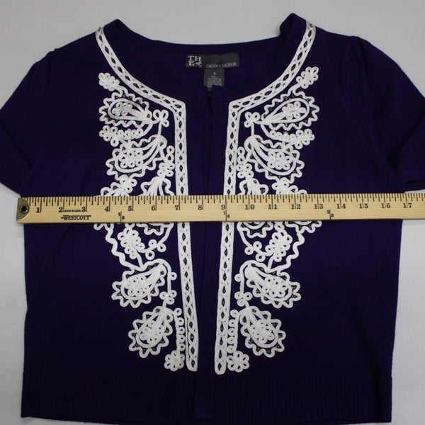 Chelsea Theodore NEW $35 Sz S Purple White Beaded Embrodiered Rayon Cardigan