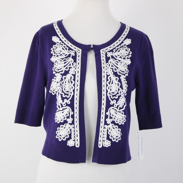Chelsea Theodore NEW $35 Sz S Purple White Beaded Embrodiered Rayon Cardigan